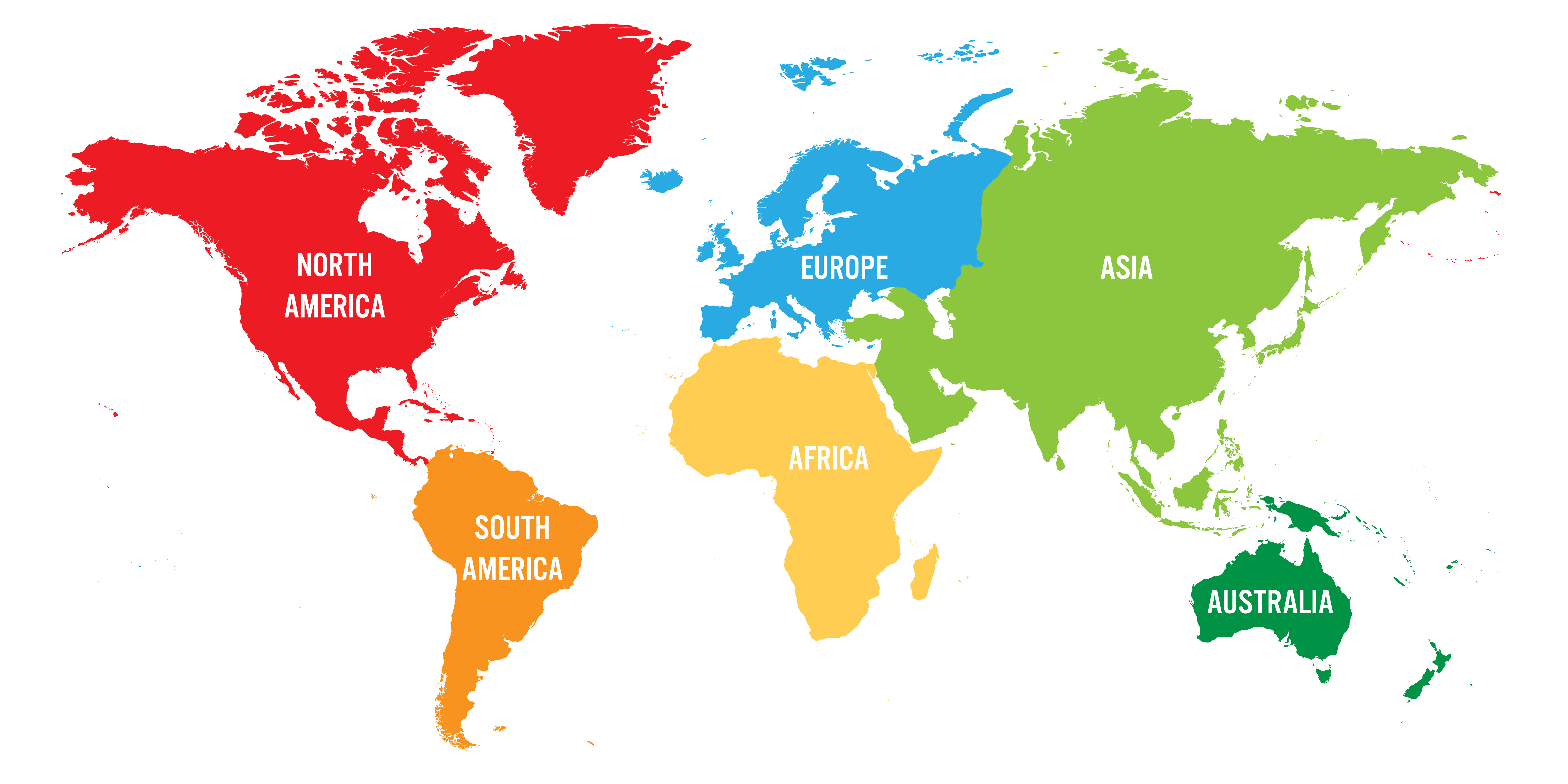 World map divided into six continents