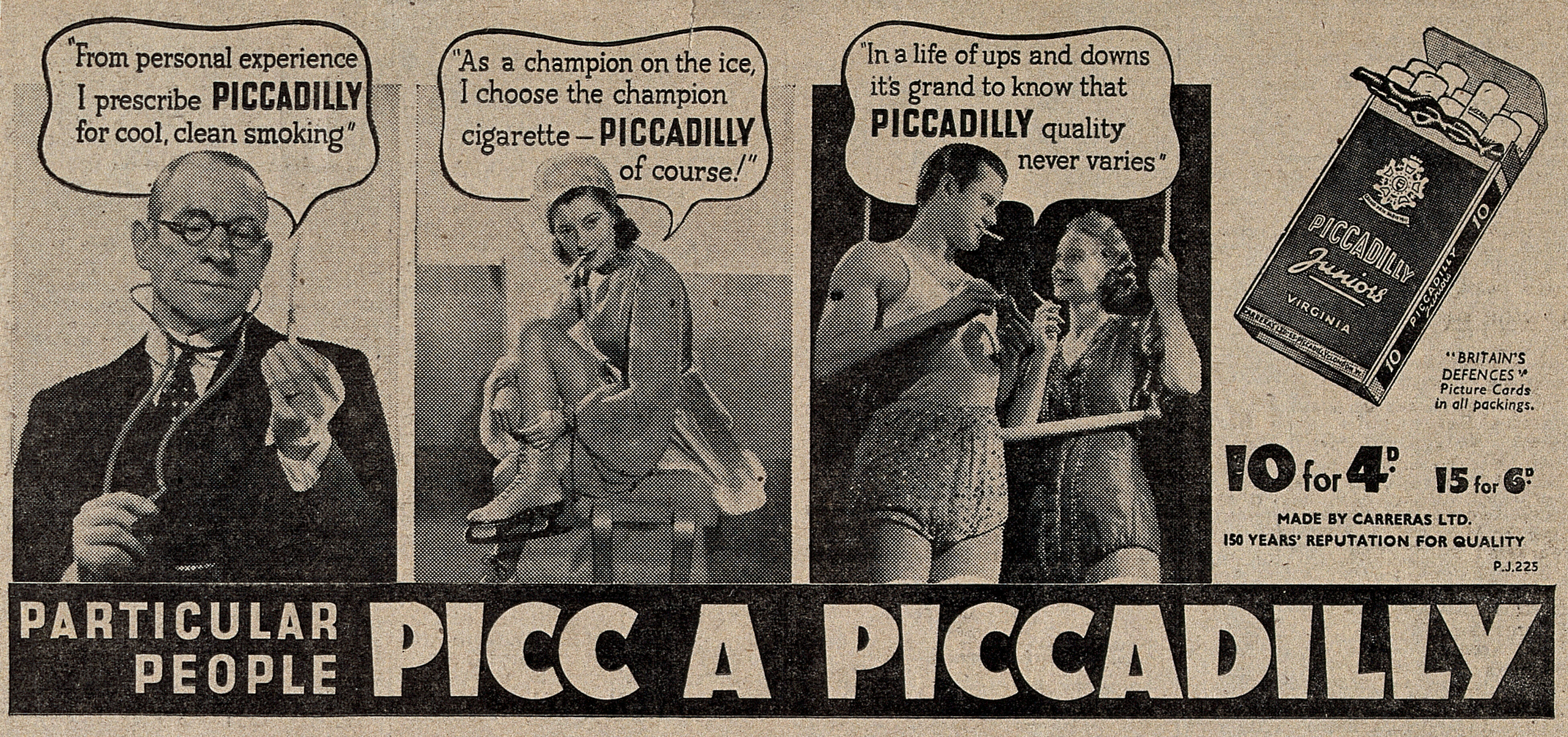 A doctor, an ice-skater and two trapeze artists advocate the use of Piccadilly Juniors cigarettes. Process print, 1939.