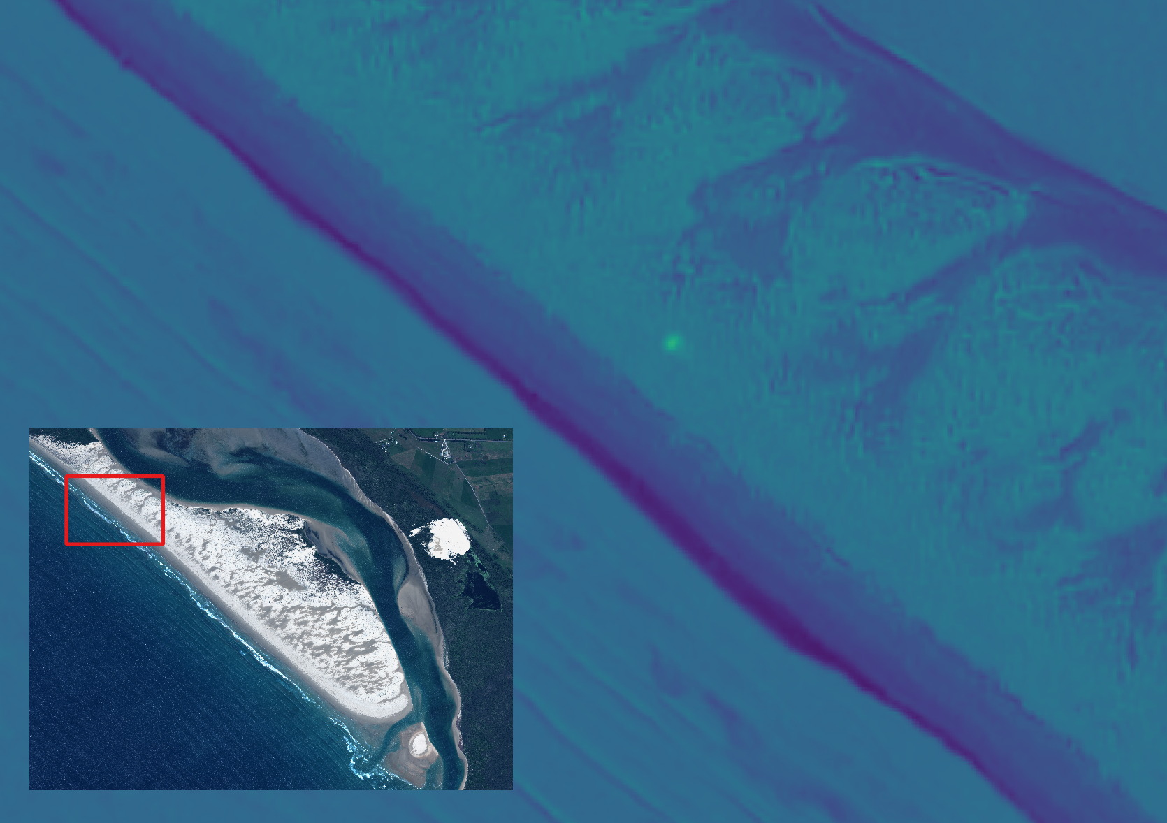 The image shows two versions of a satellite photo, with one being nested in the bottom left hand corner of the other. The main image is a scan that shows a bright spot where a plastic target was situated, while the smaller image shows the area of the beach where this was detected. 