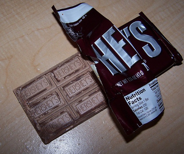 bar of hershey's chocolate partially unwrapped with visible fat bloom