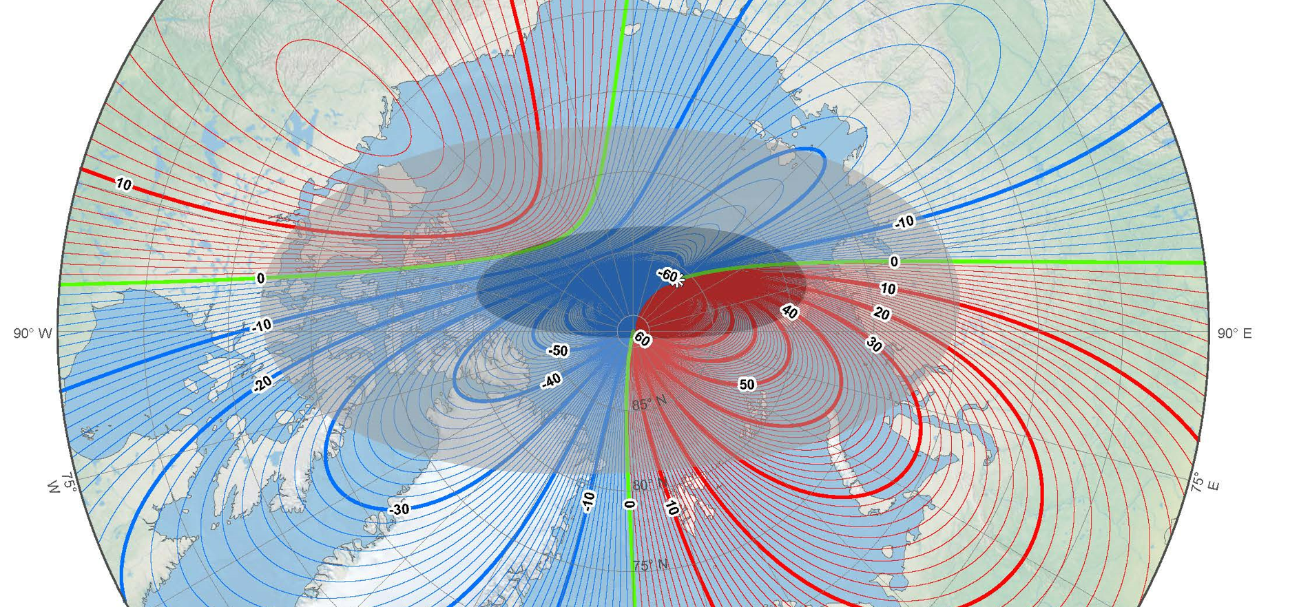 A map of Earth shows the north dip magnetic pole (marked by a bold white asterisk) is now closer to Siberia than it is to Canada.