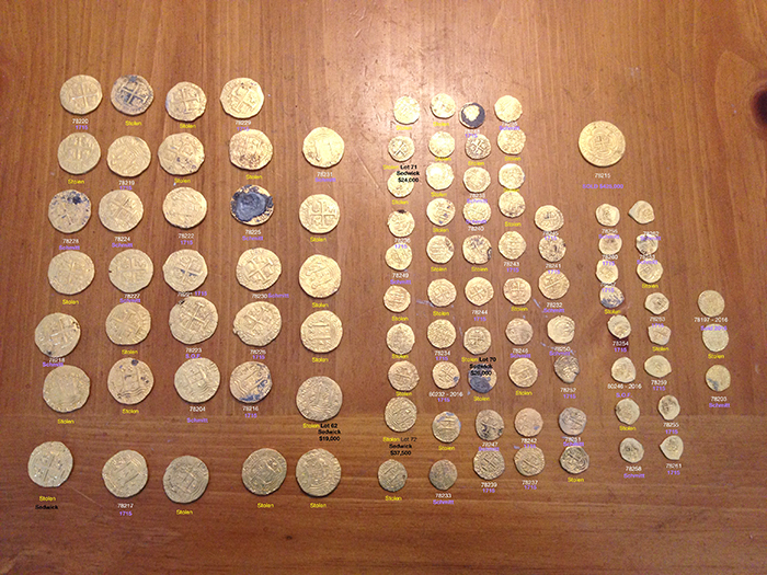 The golden coins have been arranged on a table. They have been arranged by size, with medium sized coins on the left, smaller ones on the right, and a single large piece positioned on the top right. 