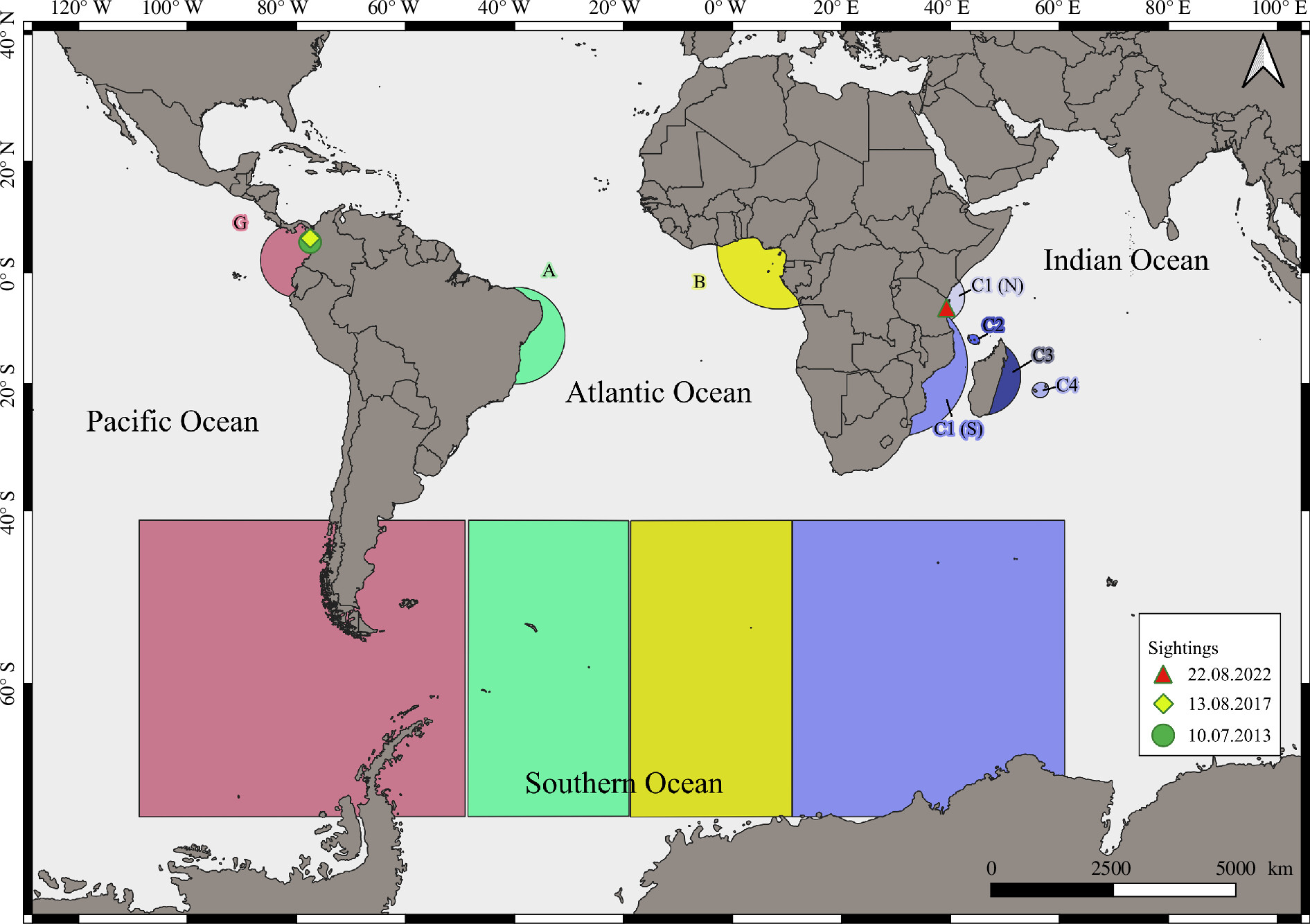 Graphic showing breeding grounds G,A,B and C and feeding grounds in matching colors on a world map.