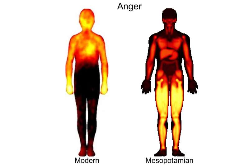 Two models of a male body side by side representing where Anger is felt. On the left is one labelled as 