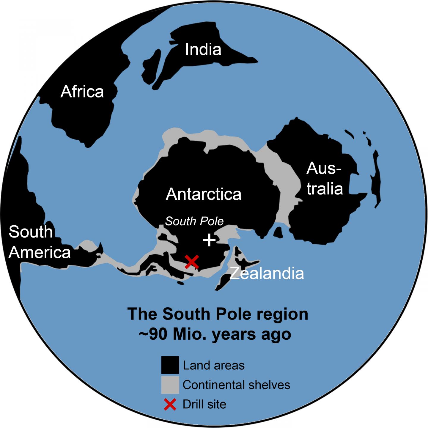 Map of the drill site and how to continents were arranged 90 million years ago.