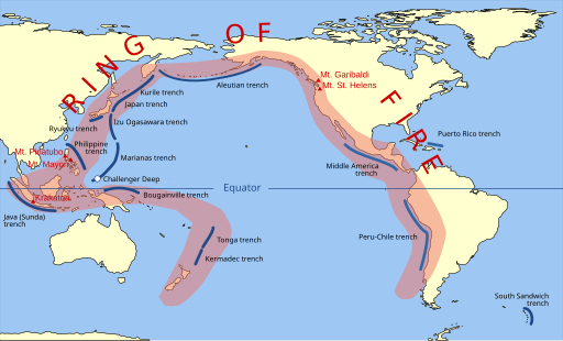 Illustration of Volcanic arcs and oceanic trenches partly encircling the Pacific Basin