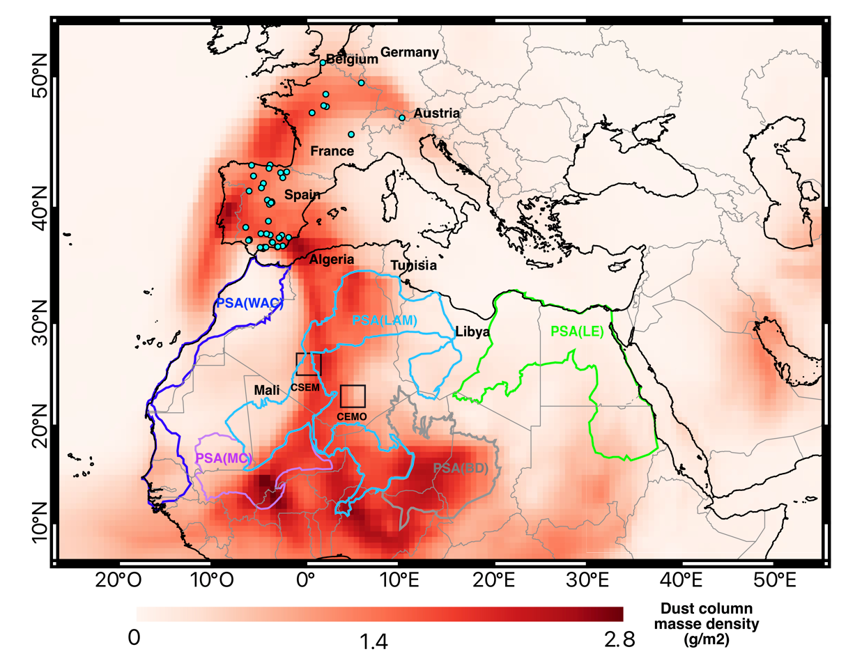 Map of the March 2022 dust event: The CSEM and the CEMO where nuclear tests were conducted are marked by squares, while the cyan dots in Europe mark the samples used in the study.