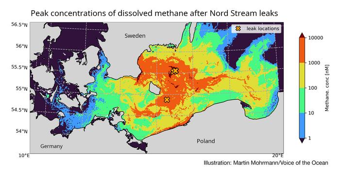 Map over the maximum concentration of methane in the southern Baltic.