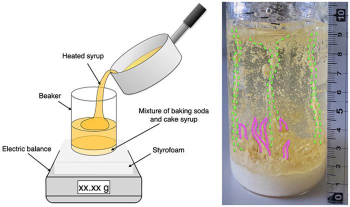 A drawing of the experiment as explained in the text and next to it a photo of one of the beakers with the syrup. it shows several successful conduits connecting the bottom to the surface and a many failed ones.