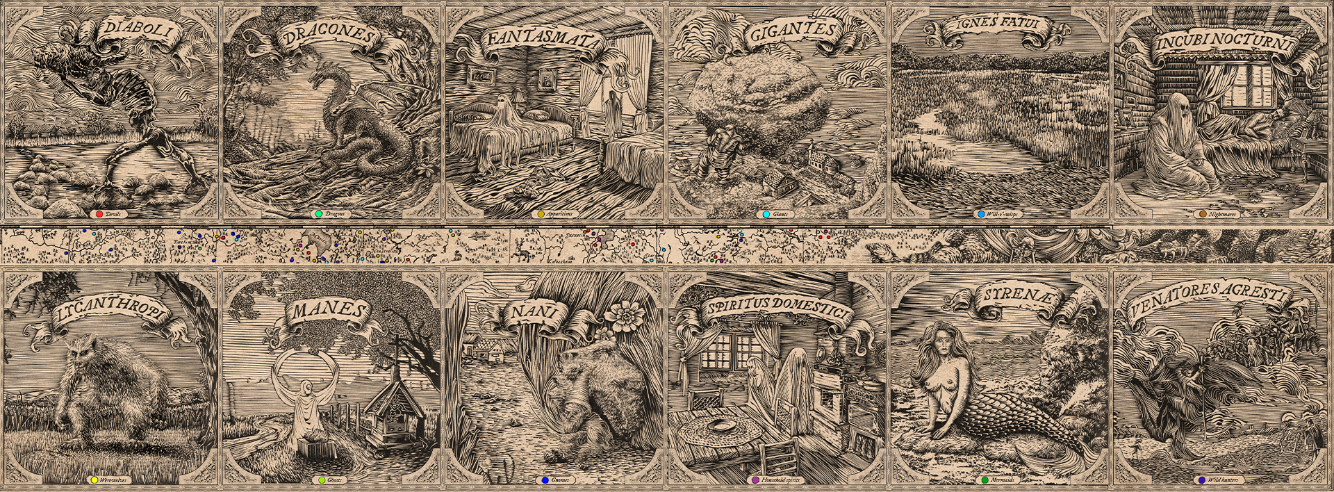 A cropped photo showing the two rows of images that are actually positioned either side of the map's body. There are six images in either row showing close ups of specific monsters that appear in the map. They include a demon, a dragon, a ghost, a giant, will-o'-wisp, and an incubus on the top row. The bottom row shows a werewolf, a spirit in a field called a 