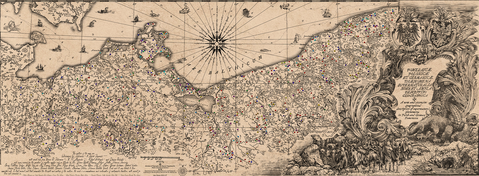 The image shows the main body of the map with the various supernatural stories identified by coloured dots. There is a large compass rose above the landmass in the Baltic Sea and, to the far right, there is a renaissance style banner showing a dragon and a group of shambling skeleton/wraith like figures walking along a path. Above them is a legend that reads 