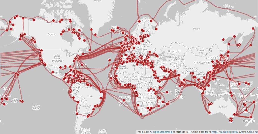 World map showing submarine cables in 2015.