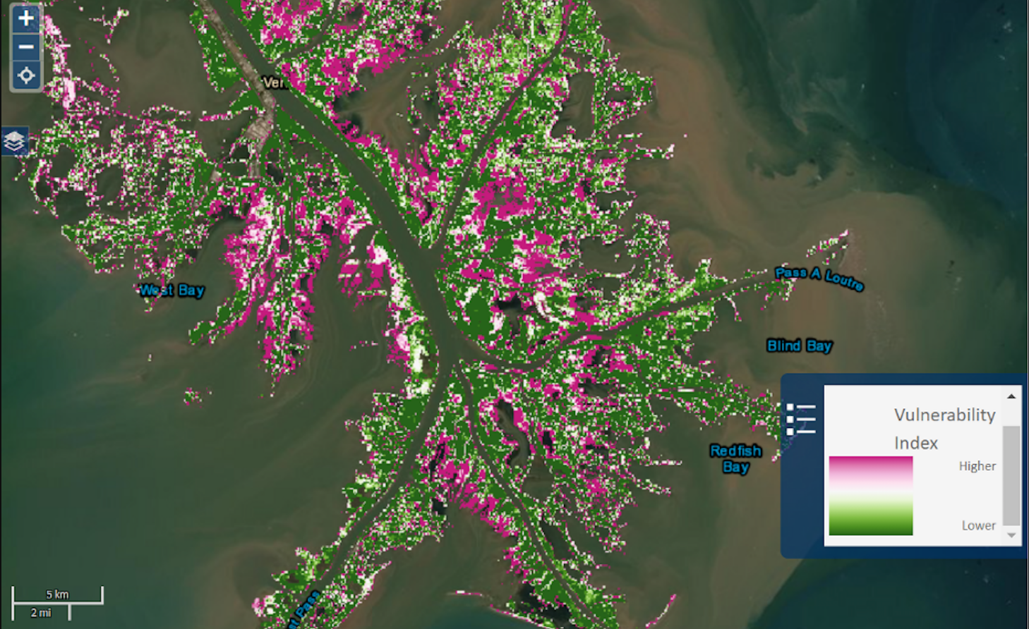 Map showing the severity of vegetation loss in the Mississippi River Birdfoot Delta.