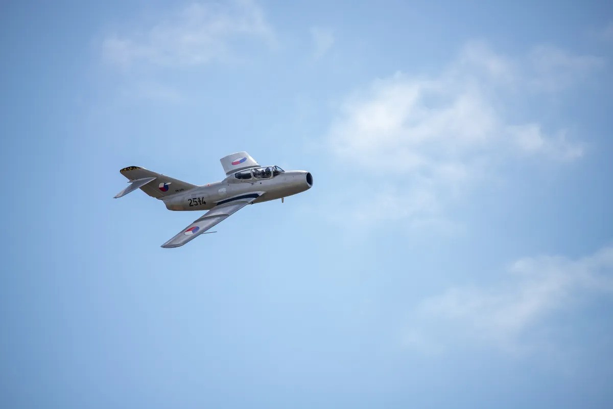 A flying MiG-15 fighter plane