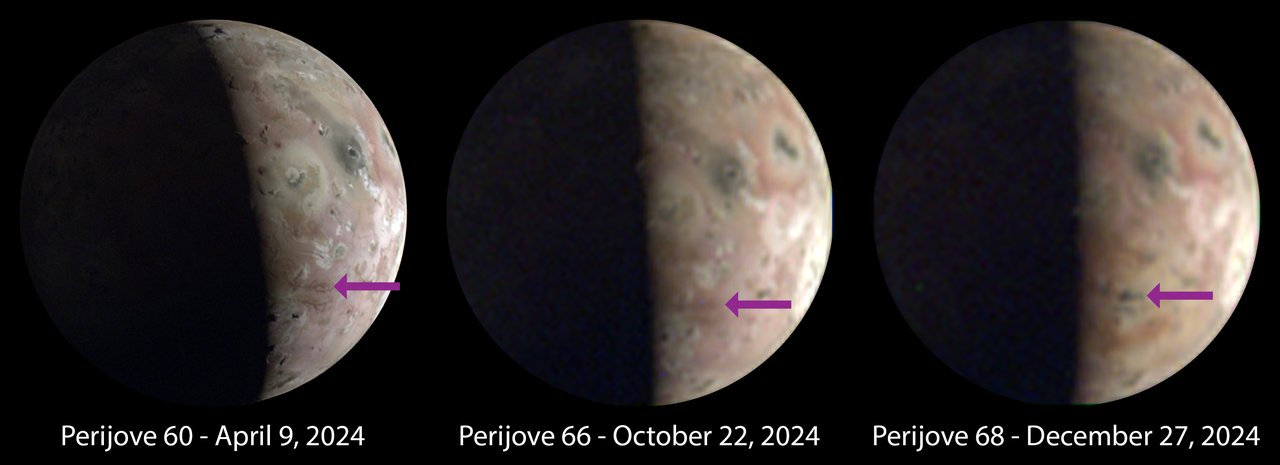 Three views of Io month apart. The newst one show a large dark splotch tat wasn't there before