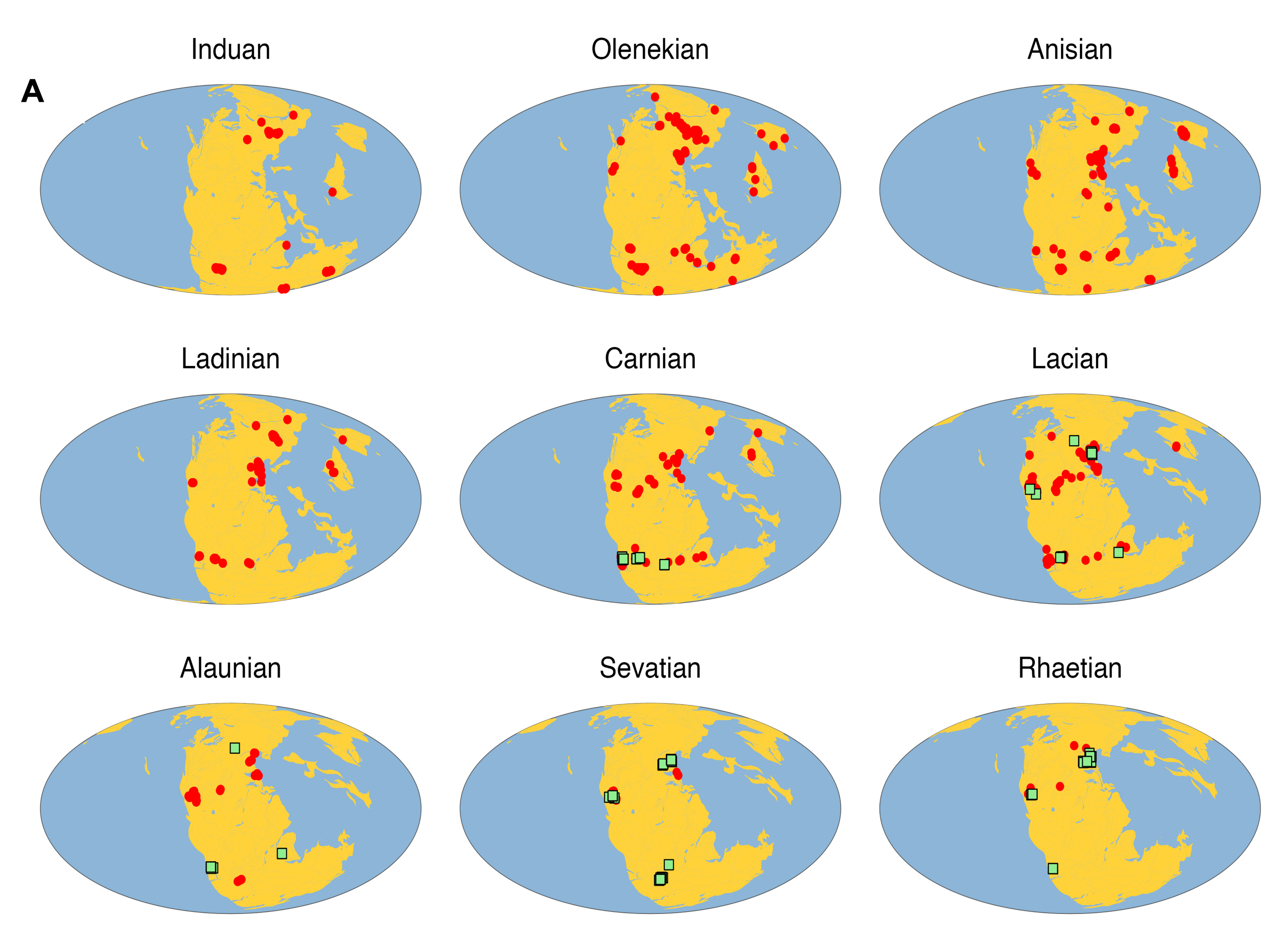 The location of sites that have preserved fossils from the stages of the Triassic marked in red, and where dinosaurs have been found in green. Notably there are major regions where fossil sites are lacking.