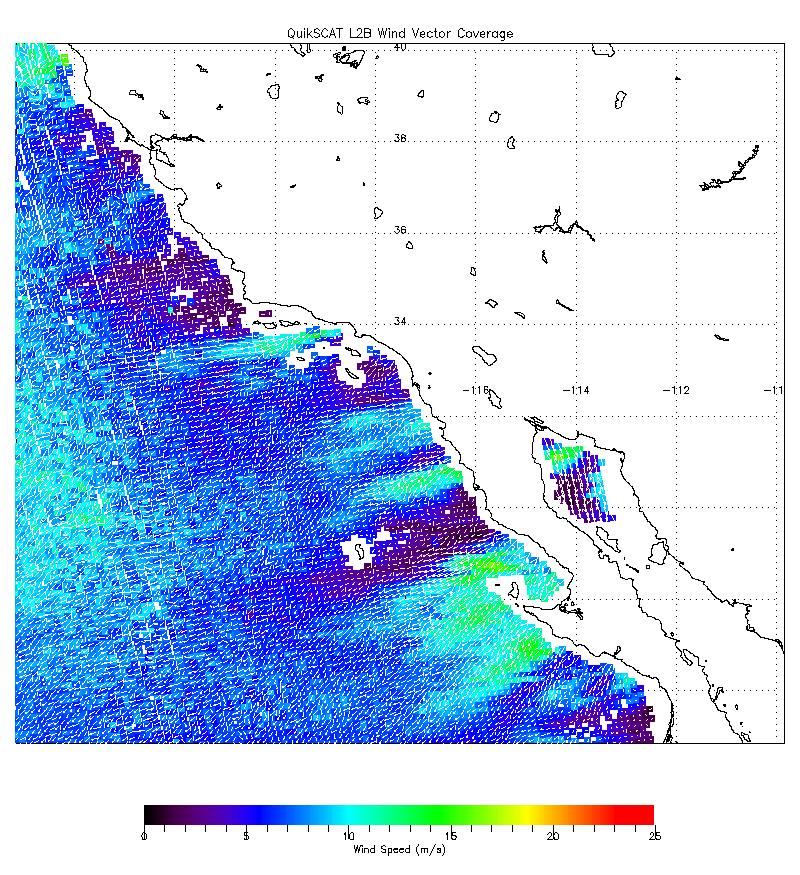 Data from October 2007 shows Santa Ana wind event in Southern California creating high wind speeds off the coast.