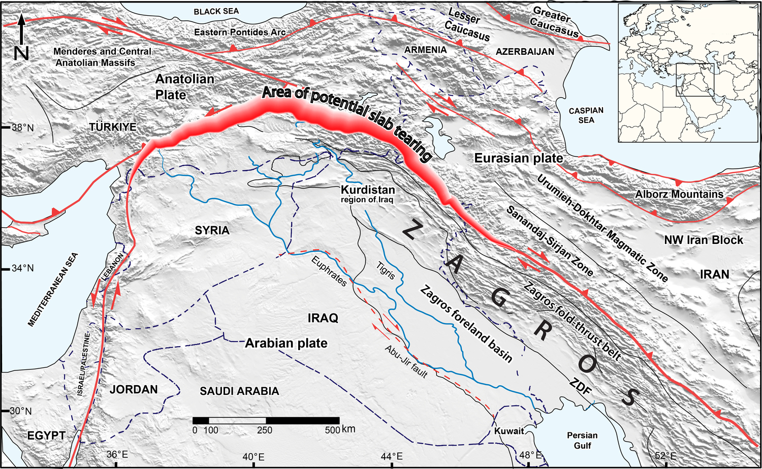 Map of the northern Middle East showing the Arabian and Eurasian plates and their collision zone, as well as the study area, the Kurdistan region of Iraq.   