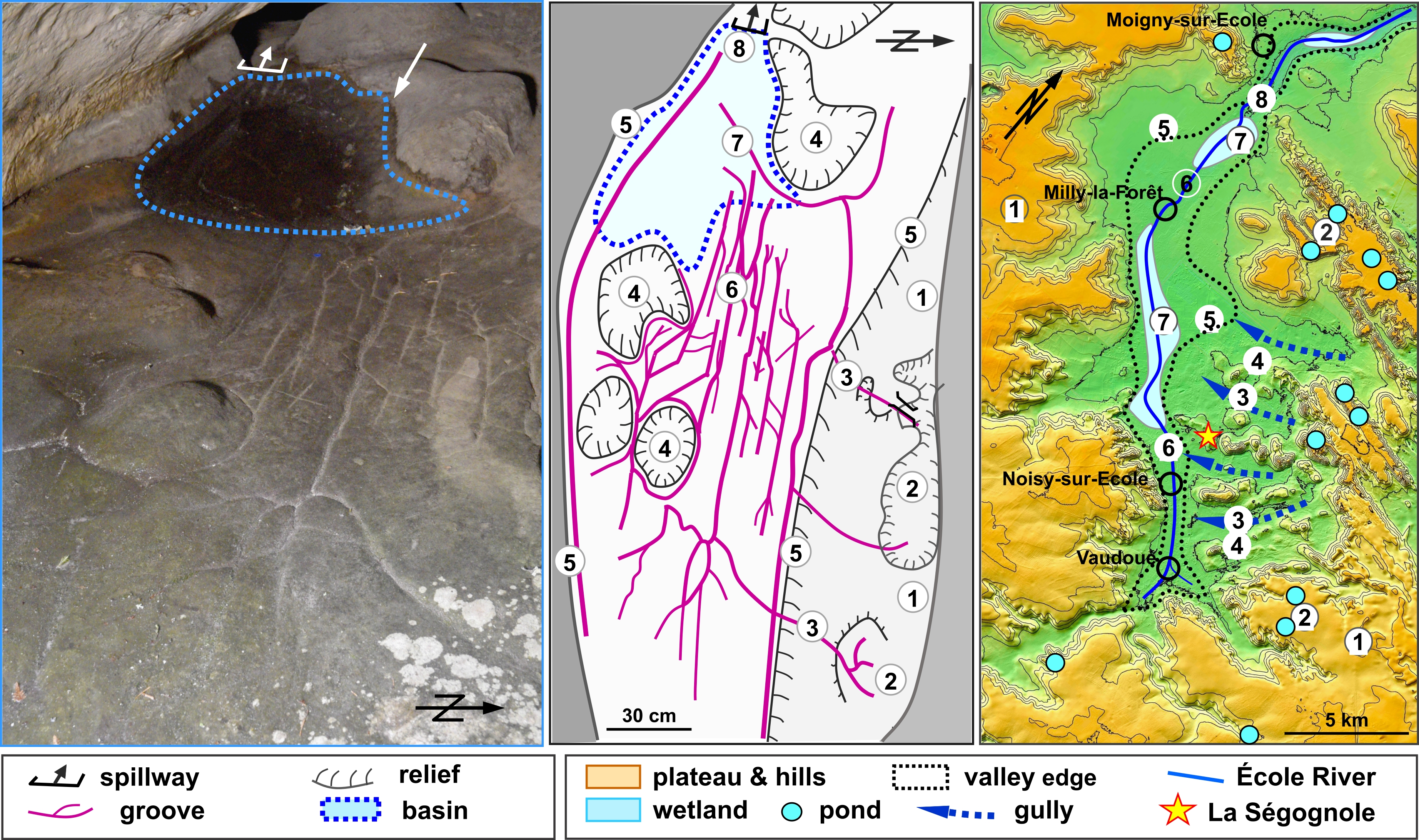 A comparison of the relevant area of the cave floor with carved grooves marked and a map of the Ecole Valley. Sites the authors believe match are numbered.