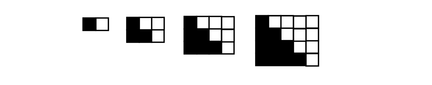 four rectangles subdivided into squares, ranging from left to right in size: 2 by 1, 3 by 2, 4 by 3, and 5 by 4. In each, half of the squares are shaded in right angled triangular pattern to illustrate triangular numbers