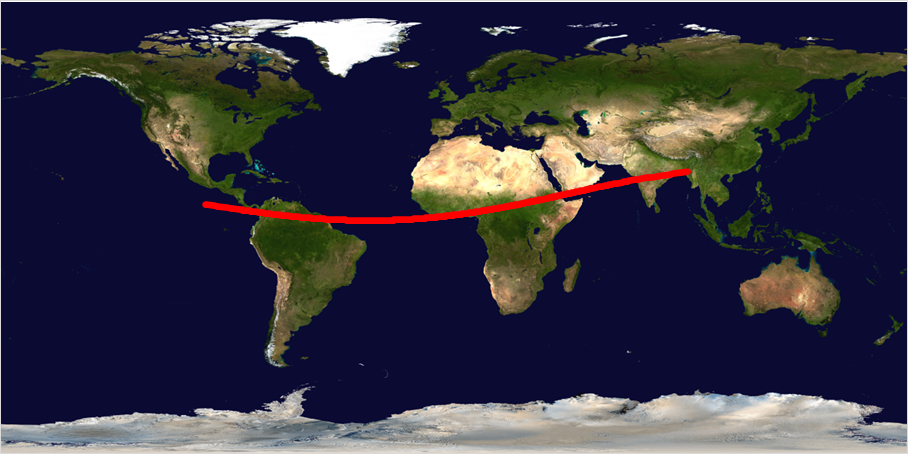 A map of the Earth with a wide red line stretching from from the Pacific Ocean to Northern South America, the Atlantic Ocean, central Africa, a corner of the Arabian peninsula, the Northwestern Indian Ocean, and then to northern India.