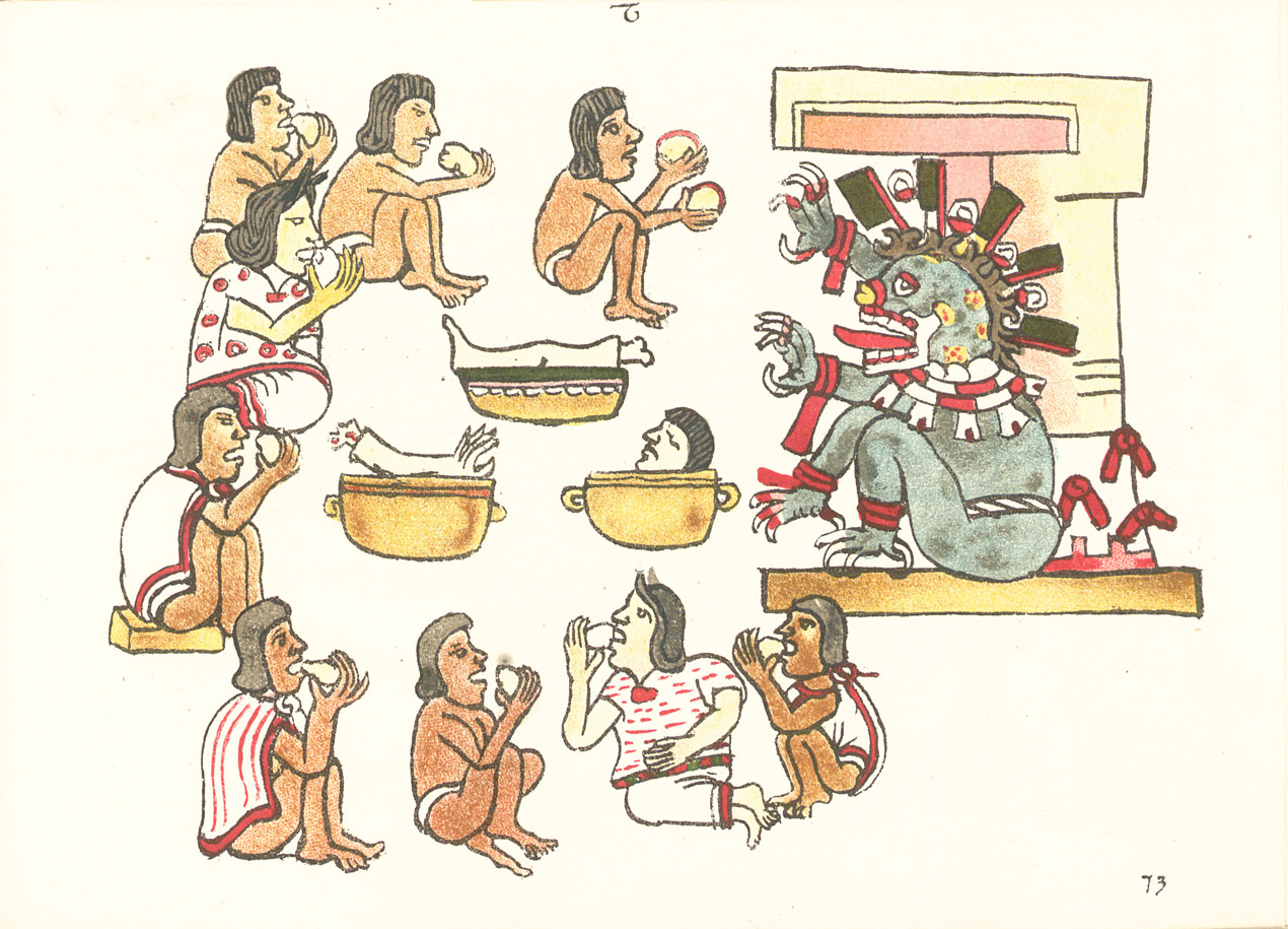 An illustration showing nine people sitting in a circular arrangement. Some of them are wearing white clothes while others only wear loincloths. They are all eating white blobs. In the centre of the circle are three pots. One has a severed leg on it, one has a severed arm and the other has a severed head. To the right sits a large ugly entity with green skin. It has talons on its hands and feet and its jaw bone appears exposed. It has a long red tongue sticking out.  