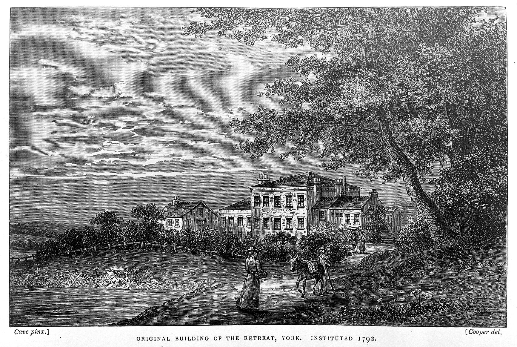 An engraving showing the York Retreat settled among fields and trees. In the foreground a woman is walking towards the house while a man with a donkey walks towards her. 