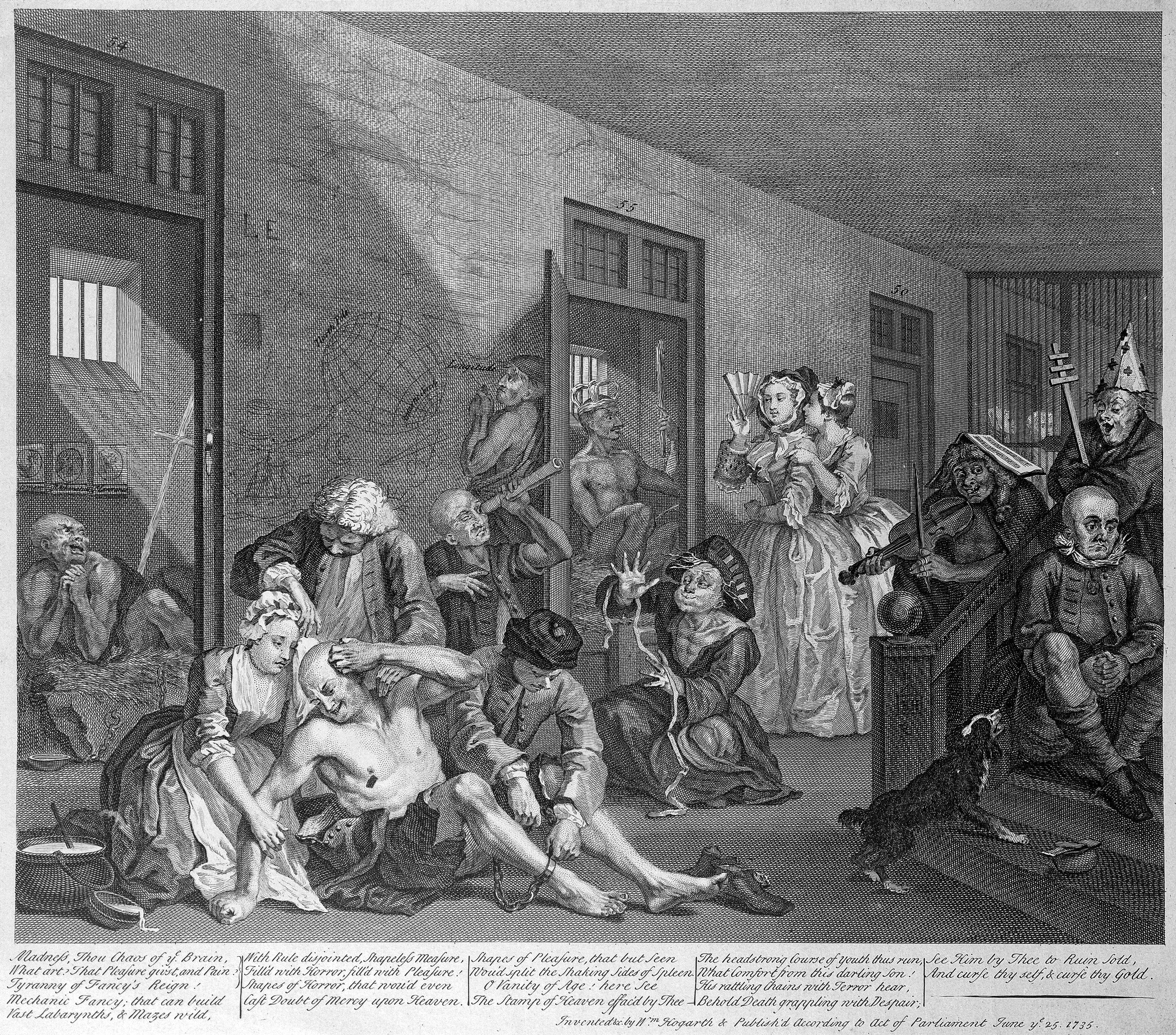 An engraving showing various patients at Bedlam. In the foreground, a bare chested man appears in distress as a woman holds his right arm, a man in a wig appears to be examining his head and another man in a hat is attaching shackles to his legs. Behind them is a woman with a three cornered hat playing with some sort of rope while a man next to her looks through a tube. The scene shows other people in states of mental distress, including a man playing the violin while wearing a book as a hat and another man dressed with a pointed hat and holding an object that makes him look like a bishop or the Pope. 