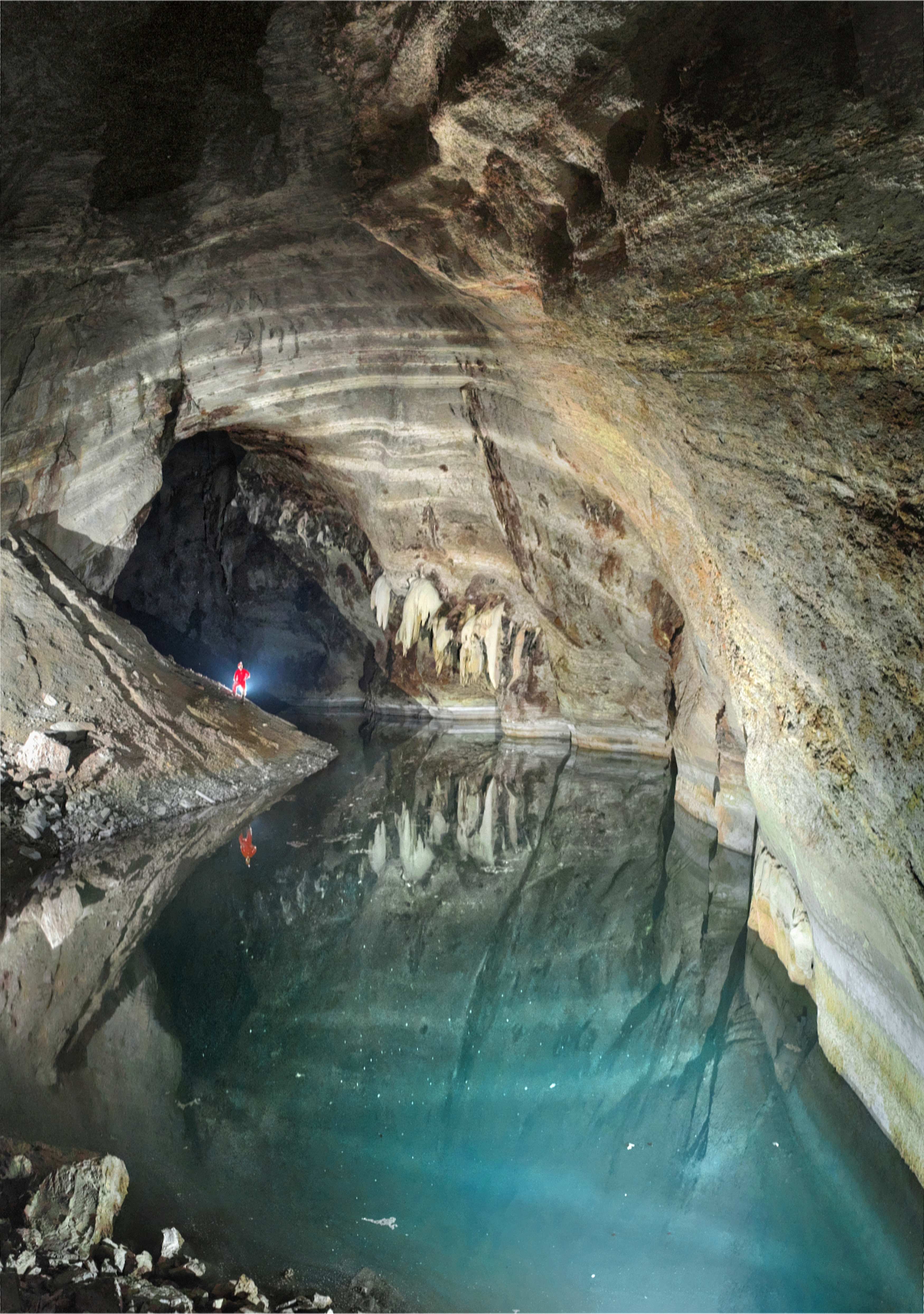 side-on view of lake neuron, the world's largest underground thermal lake