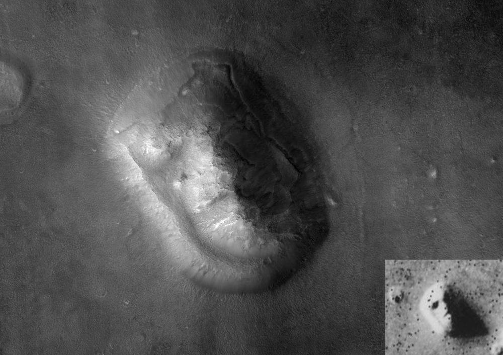 The eroded mesa as seen by HiRISE compared to what the Viking 1 Orbiter saw in the bottom right corner. One just looks like a smooth mound, the other an eery face. 