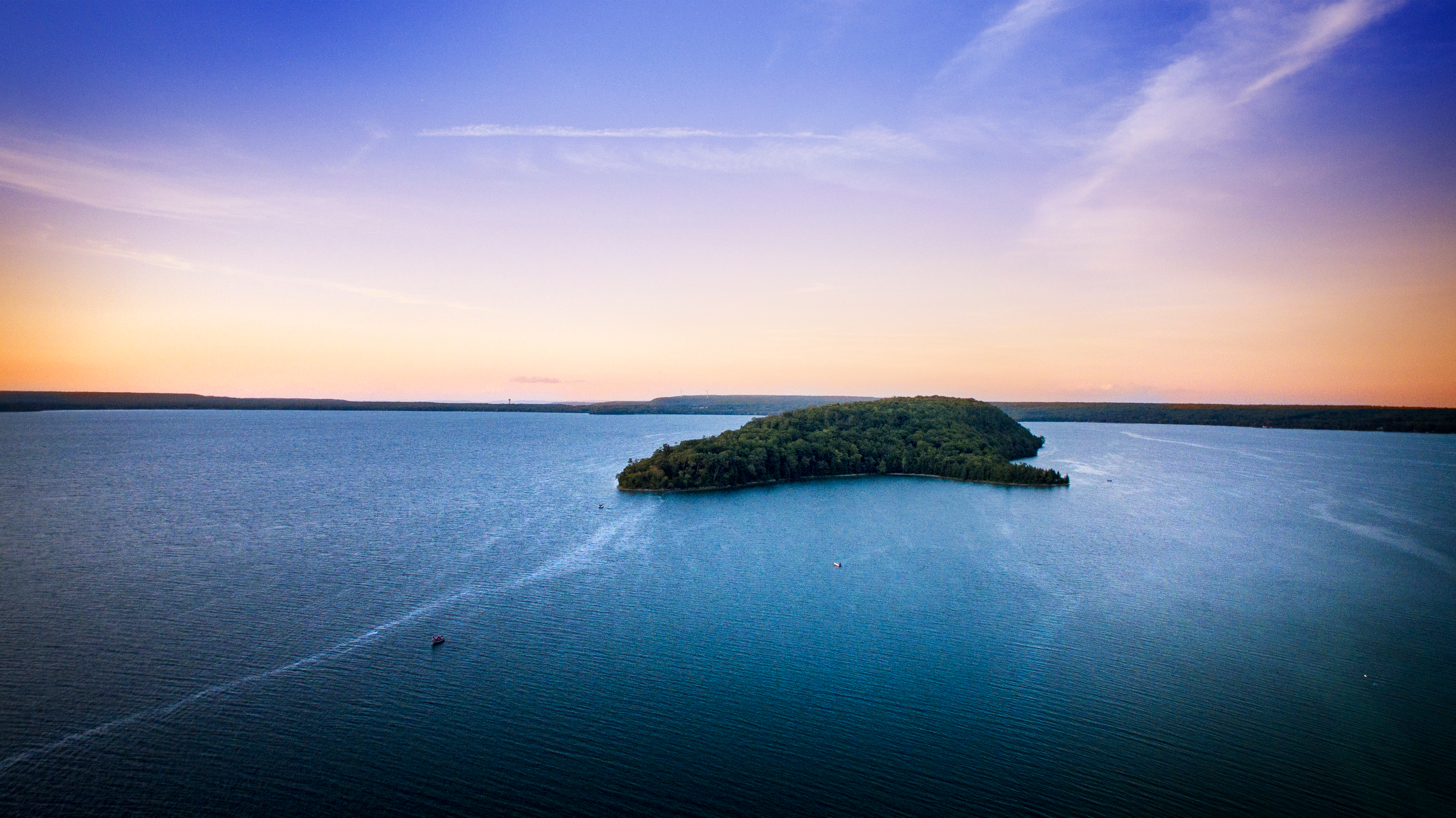 Aerial view of Treasure Island in Mindemoya Lake, Ontario