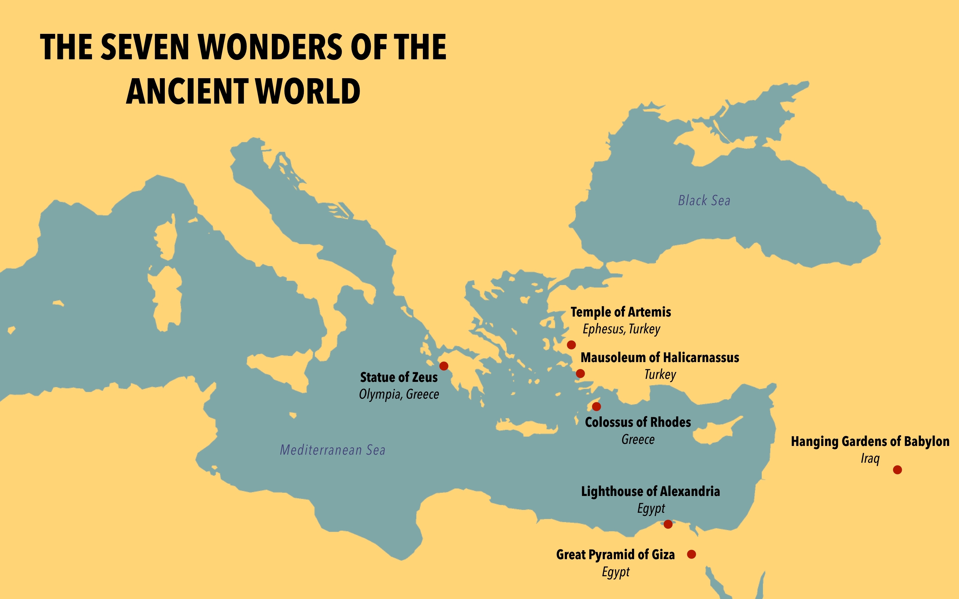 Map with the seven wonders of the ancient world.