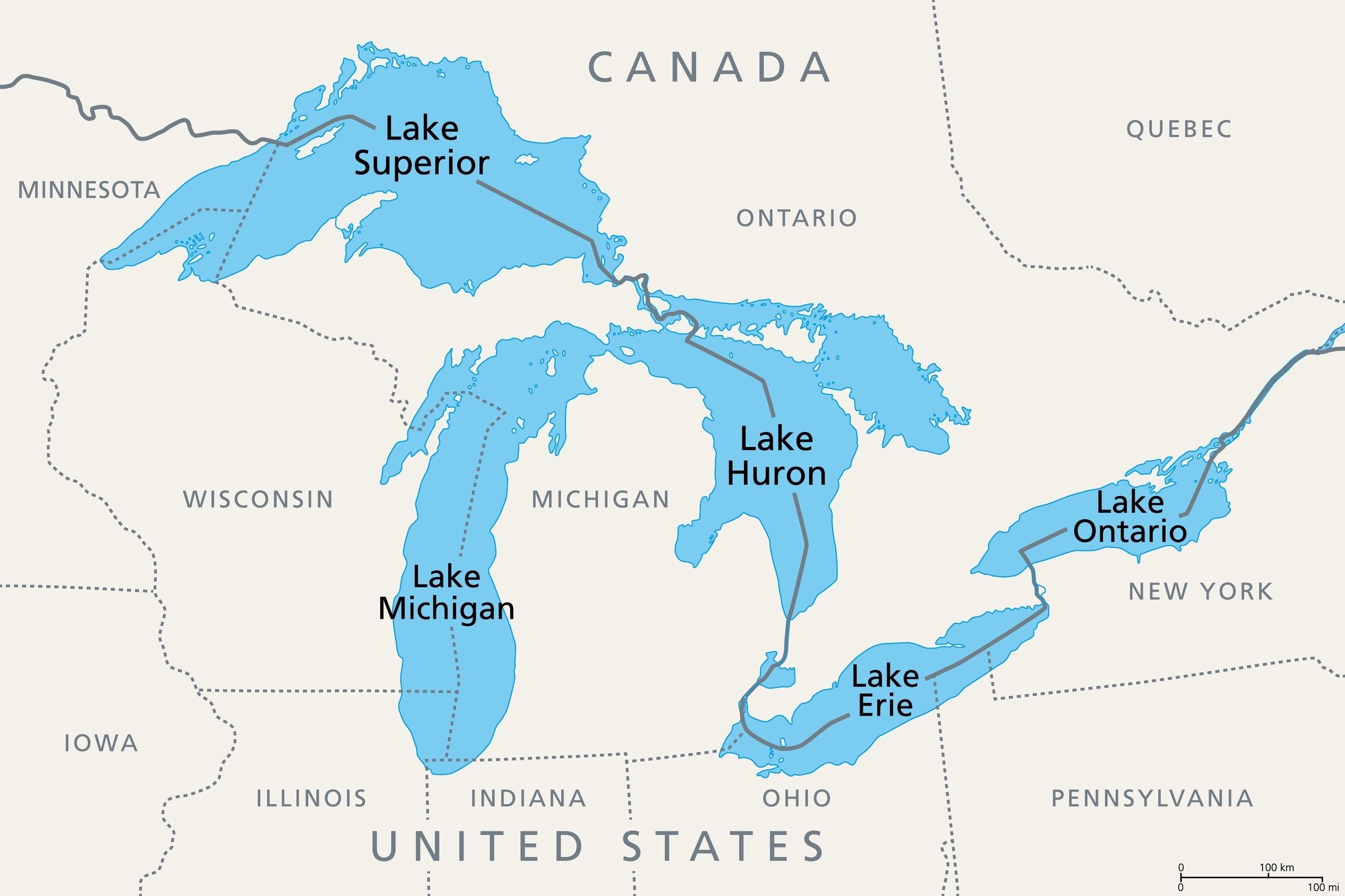 Map of the US-Canada border showing the five Great Lakes: Superior, Michigan, Huron, Erie and Ontario.