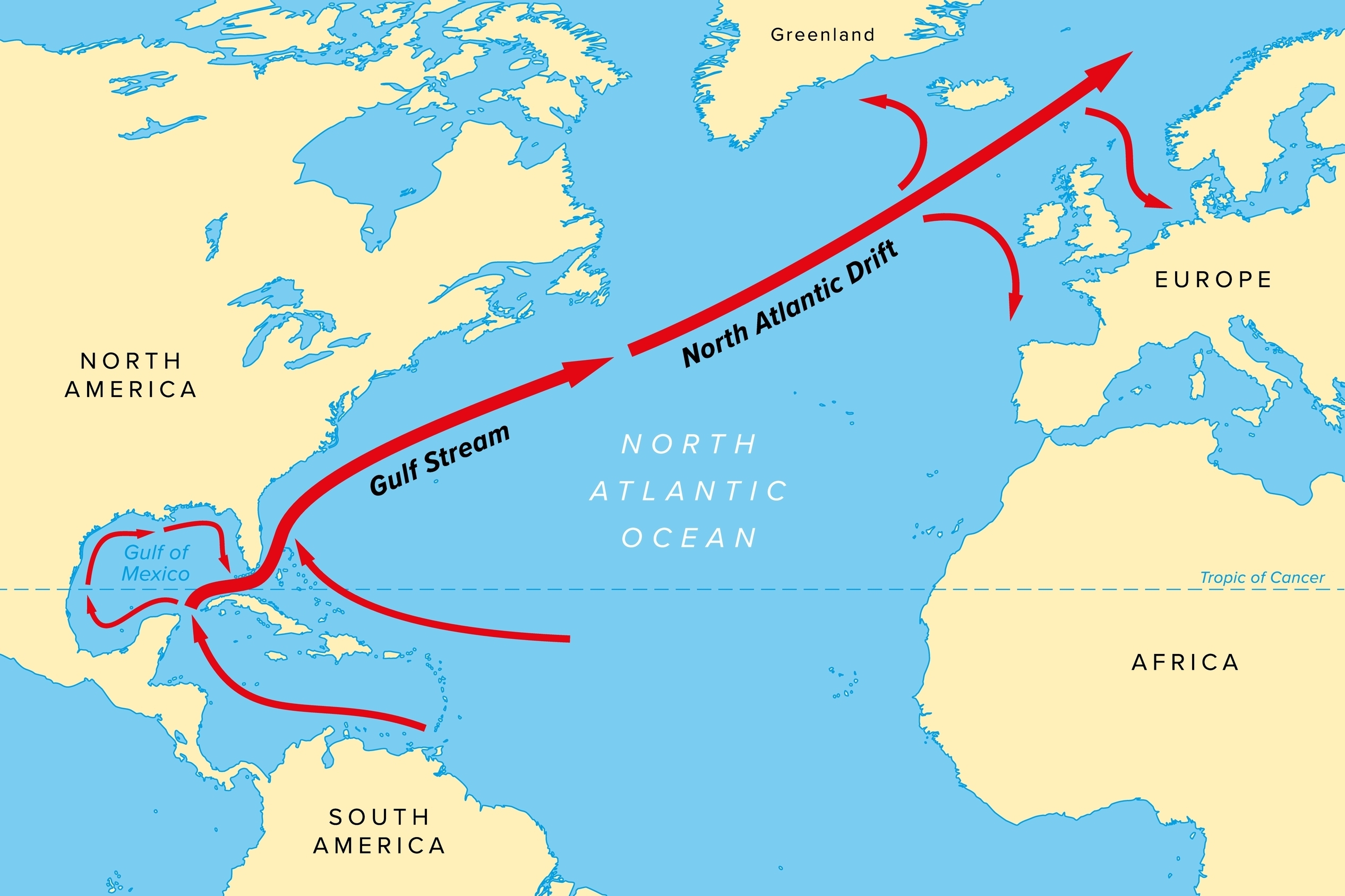 A map of the Atlantic Ocean, showing the movement of water associated with the Gulf Stream.  