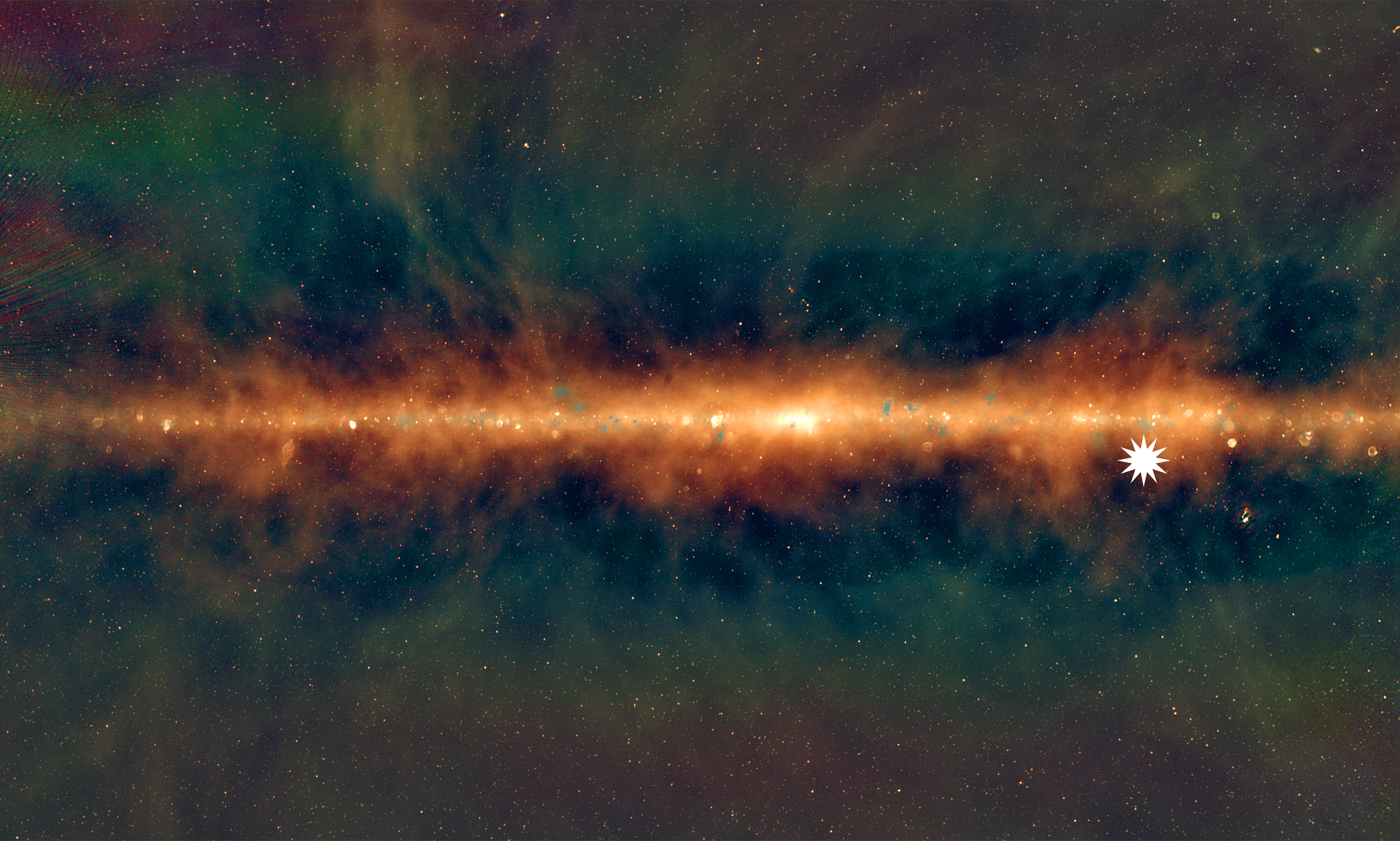 The galactic plane, and the location of one LPRT (GLEAM-X) J162759.5-523504.3, showing why it is hard to trace the signal to a specific source against such a busy background.