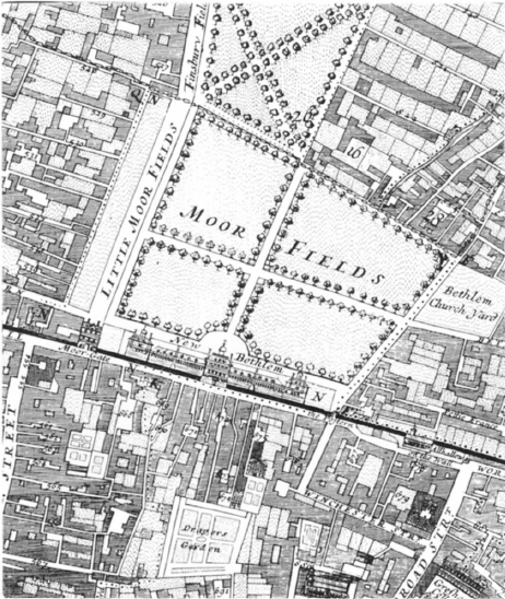 Map of Moorfields, featuring Bethlem Church Yard