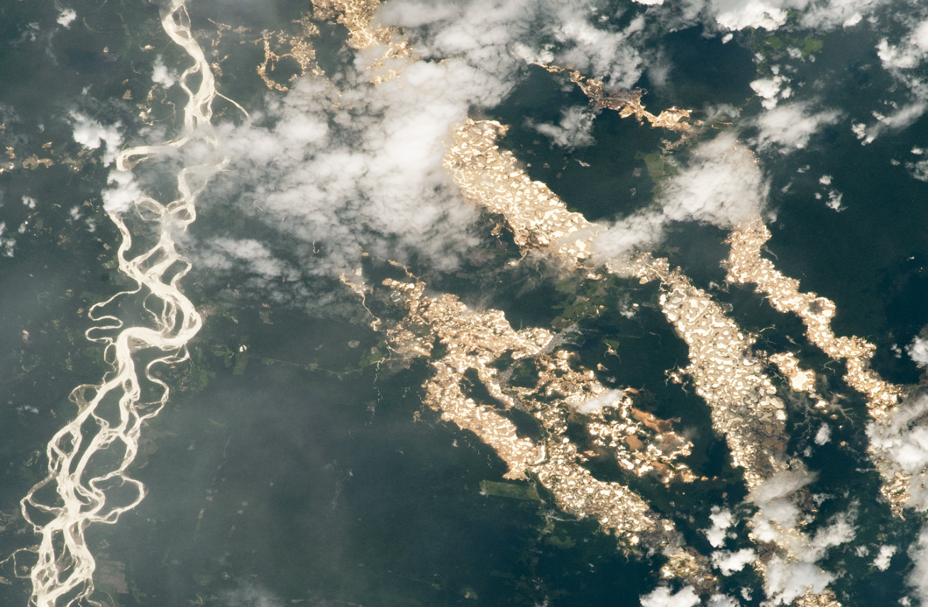 An astronaut aboard the International Space Station (ISS) took this photograph of numerous gold prospecting pits in eastern Peru in 2021.