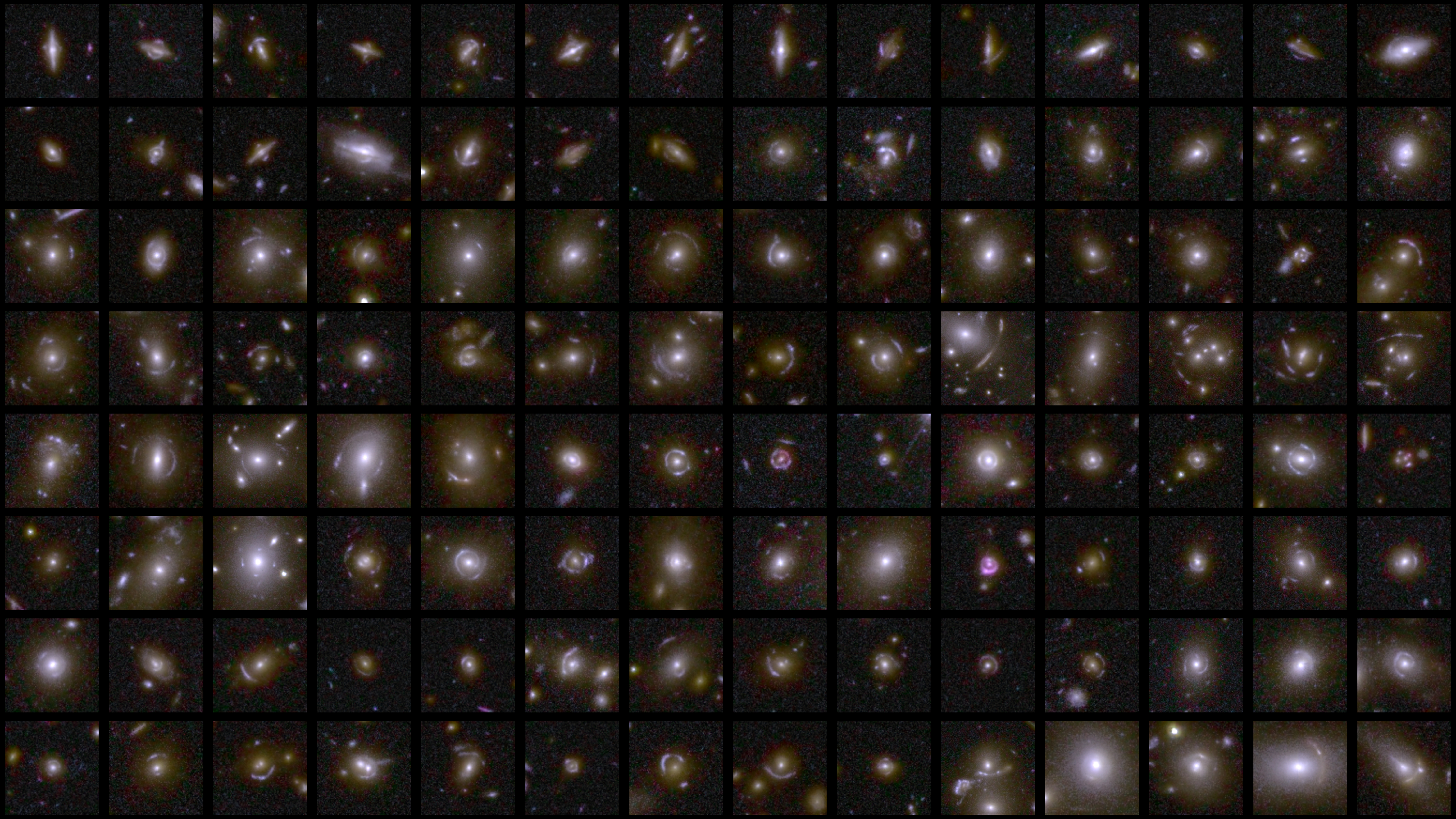 A collage of fourteen by eight squares containing examples of gravitational lenses. Each example typically comprises a bright centre with smears of stars in an arc or multiple arcs around it as a result of light travelling towards Euclid from distant galaxies being bent and distorted by normal and dark matter in the foreground. In some rare cases the smearing is in a complete ring, creating a so-called Einstein Ring