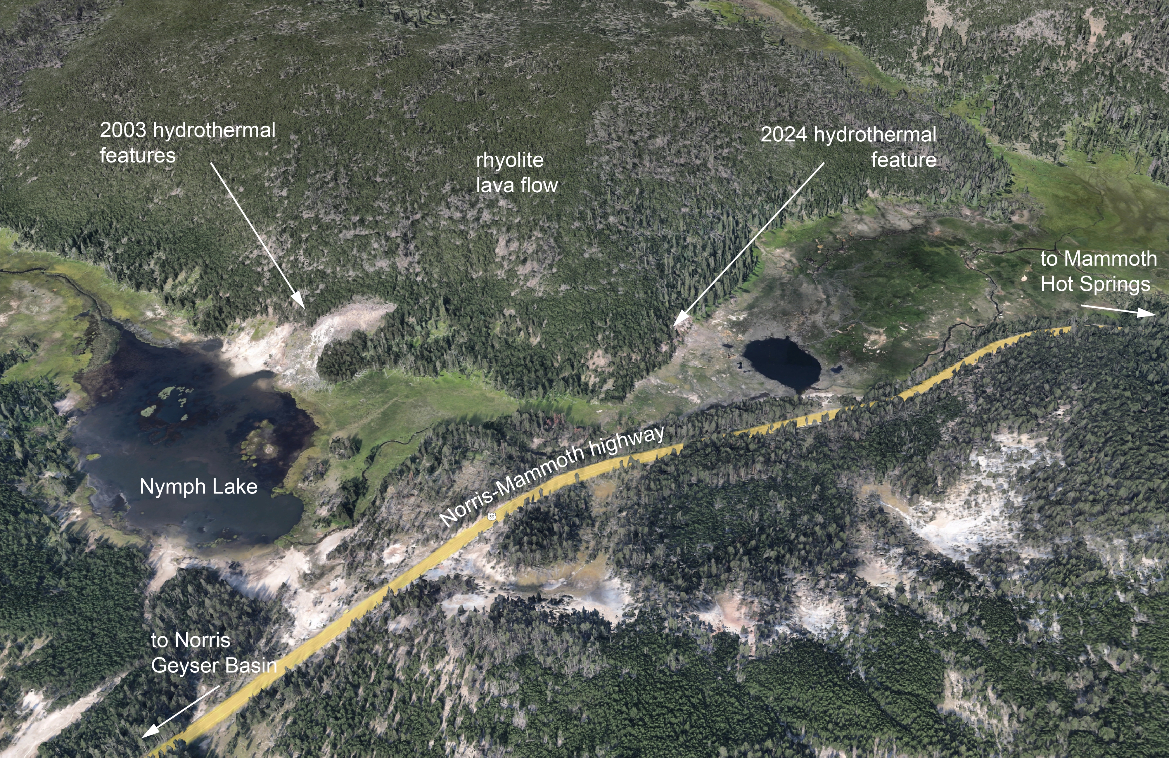 Aerial view looking to the west at the Roadside Springs hydrothermal area and Nymph Lake showing the locations of thermal features that formed in 2003 and 2024.  Yellow line marks the Mammoth-Norris highway. 