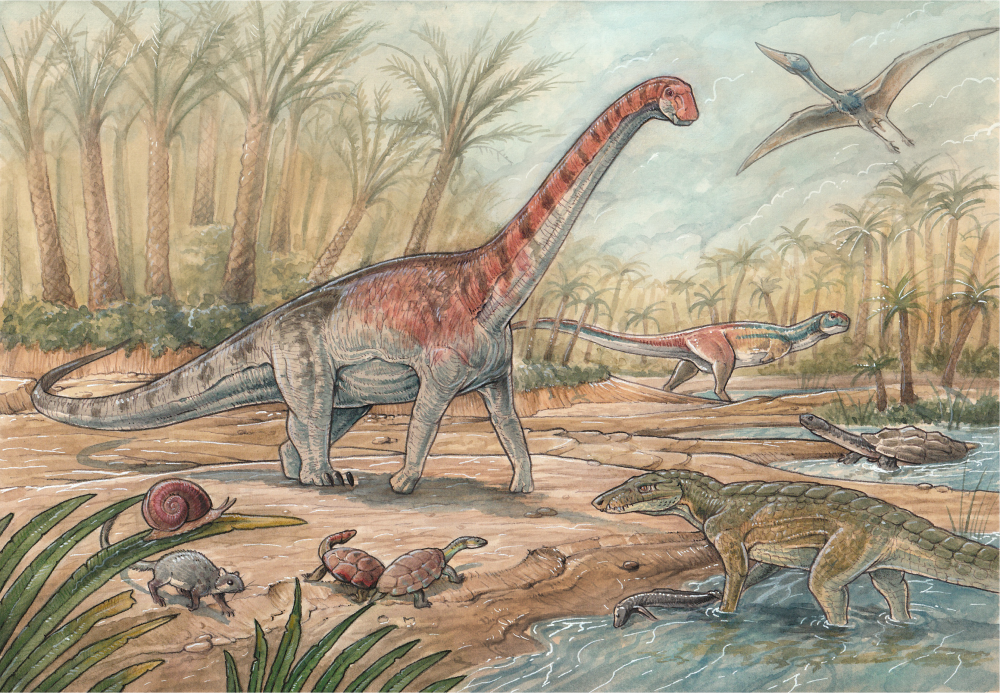 chadititan titanosaur in its native ecosystem with lots of turtles, mollusks, fish and other dinosaurs