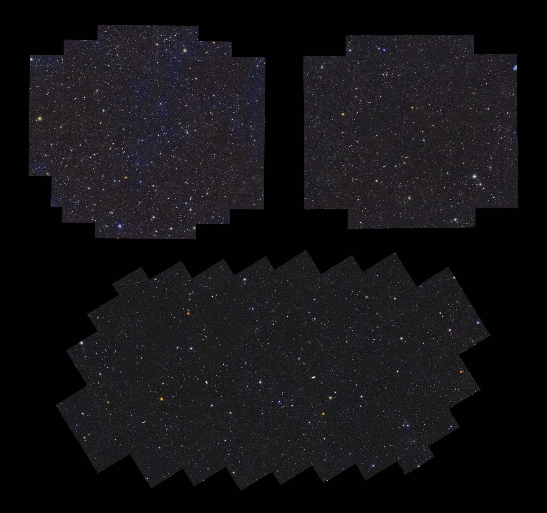 On a black background lies a rectangular shape with stepped edges all around. Within the shapes, countless dots of light the many galaxies and few stars spotted by Euclid.