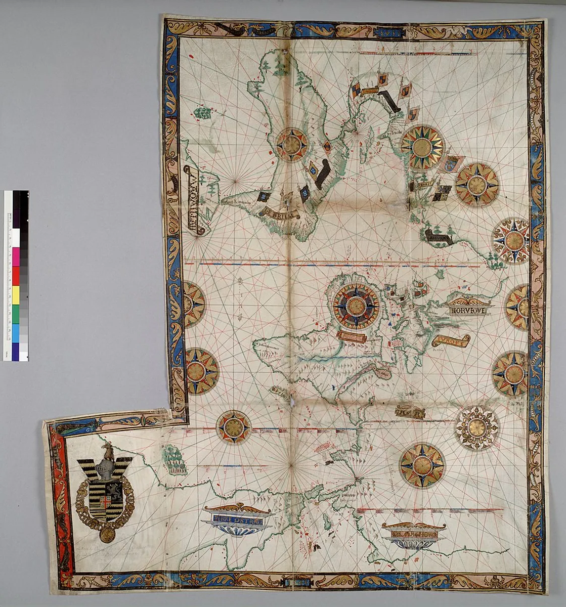 A world map by Guillaume Brouscon, an example of a Dieppe map, from 1543. Note that East is at the top