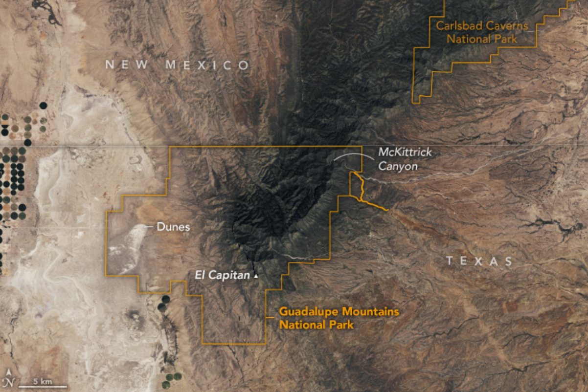 A satellite image of the border of Texas and New Mexico showing the Guadalupe Mountains and El Capitan. A satellite image of the border of Texas and New Mexico showing the Guadalupe Mountains and El Capitan.