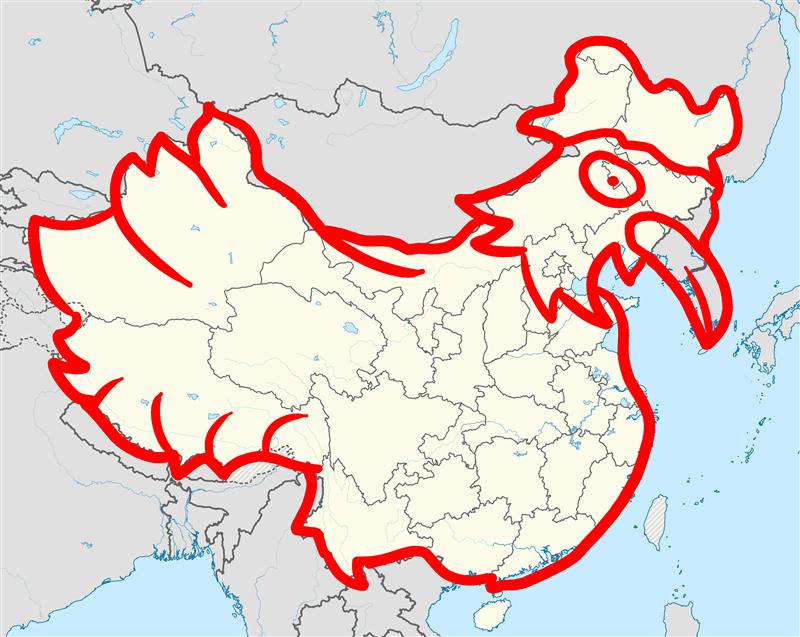 A map of China with a drawing of a chicken superimposed on top A map of China with a drawing of a chicken superimposed on top