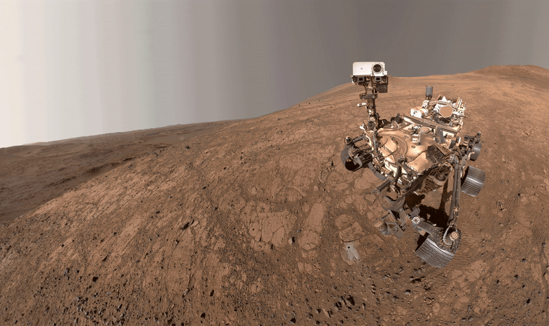 Perseverance animated selfie, with the rover main mast camera like its head look down and then back at the cmaera. Perseverance animated selfie, with the rover main mast camera like its head look down and then back at the cmaera.