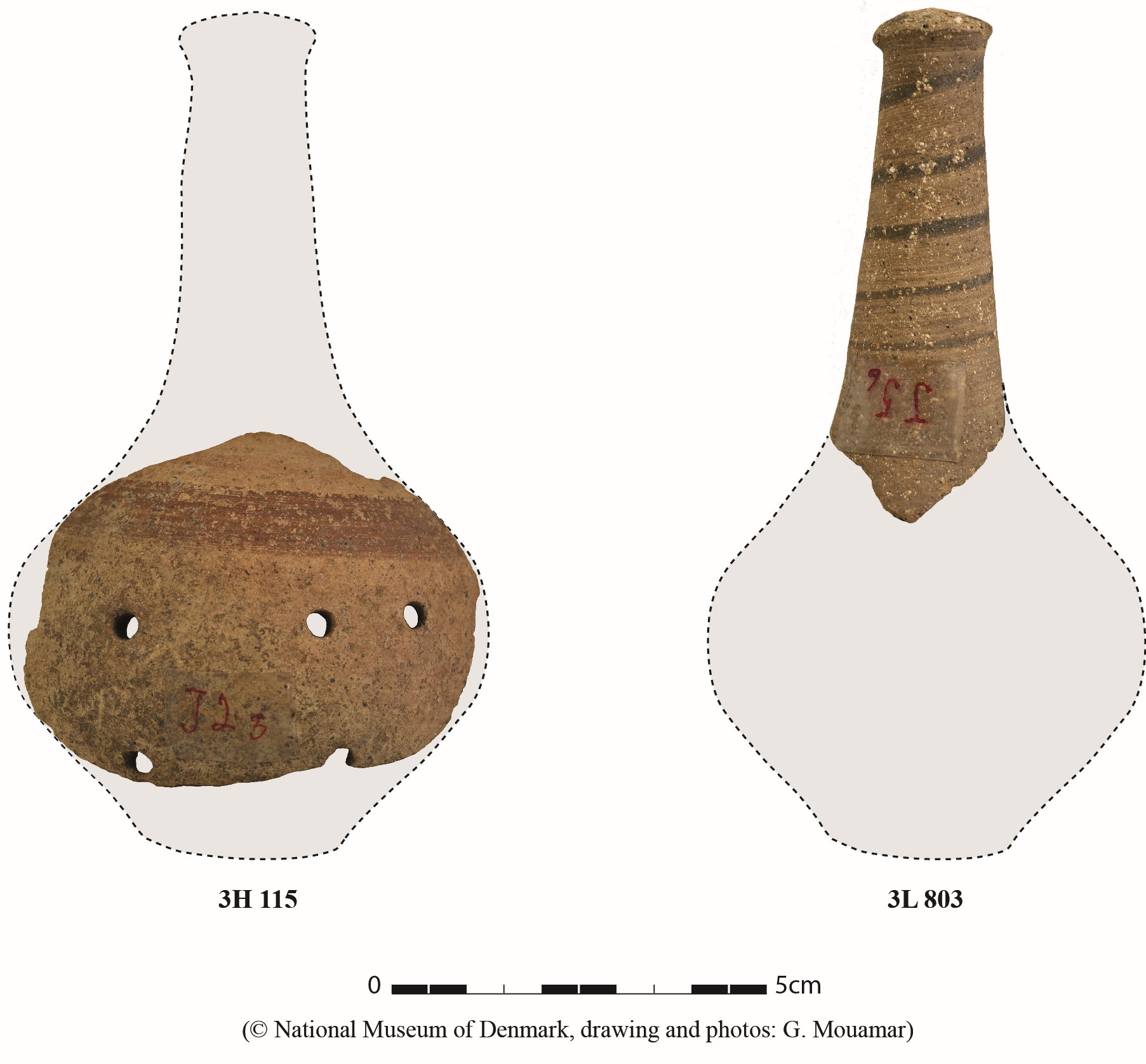 Reconstruction of the shape of the original rattles based on the surviving pieces. Reconstruction of the shape of the original rattles based on the surviving pieces.