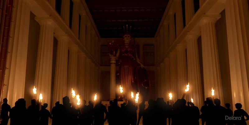 A digital photo showing the statue of Athena in the darkened space of the Parthenon with no natural light entering the building. Her presence is softly illuminated by a crowd of people holding lit torches in front of her. A digital photo showing the statue of Athena in the darkened space of the Parthenon with no natural light entering the building. Her presence is softly illuminated by a crowd of people holding lit torches in front of her.