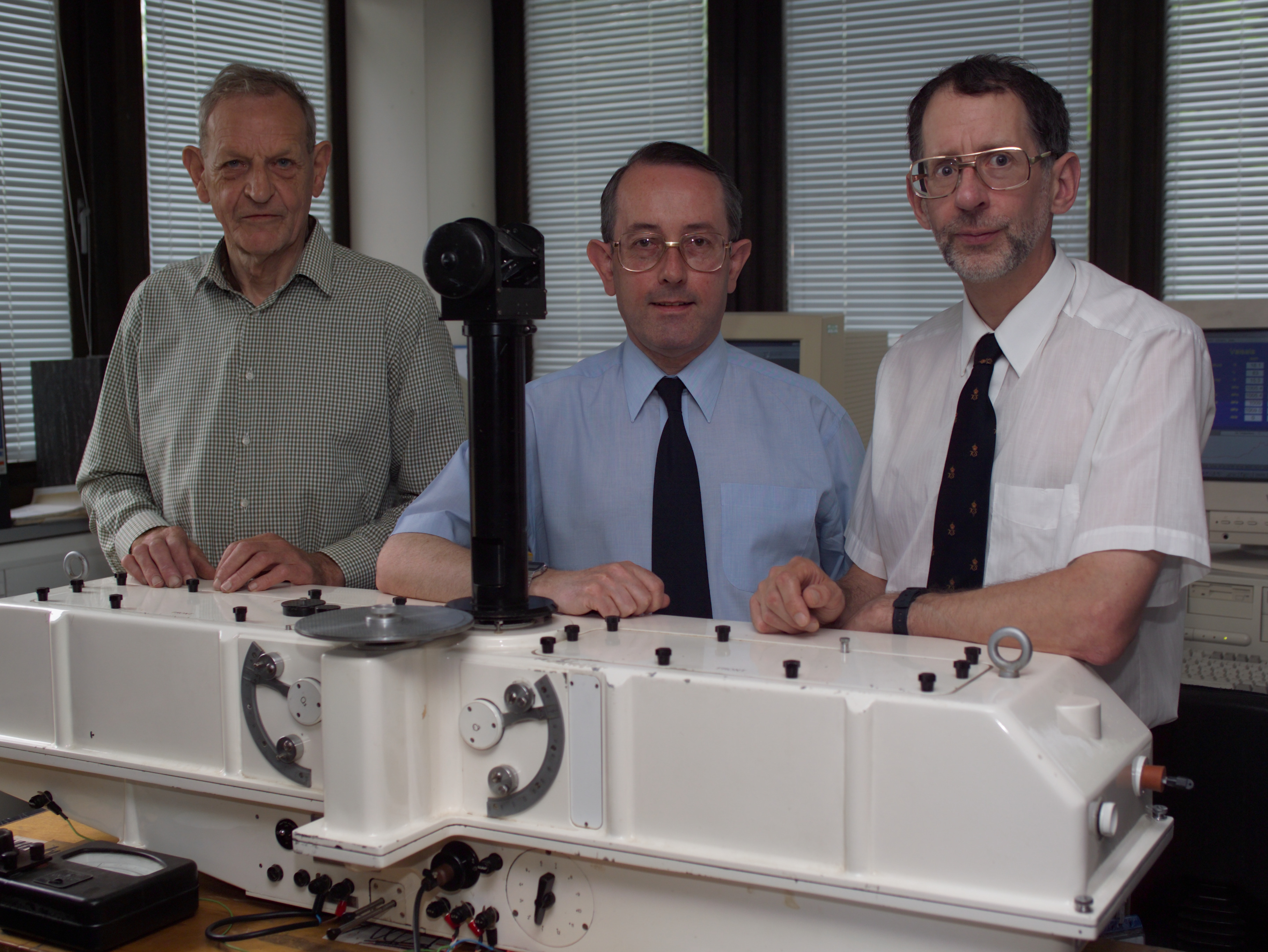 BAS Scientists, from left Joe Farman, Brian Gardiner and Jon Shanklin with a Dobson ozone spectrophotometer, used to determine stratospheric ozone concentrations. BAS Scientists, from left Joe Farman, Brian Gardiner and Jon Shanklin with a Dobson ozone spectrophotometer, used to determine stratospheric ozone concentrations.