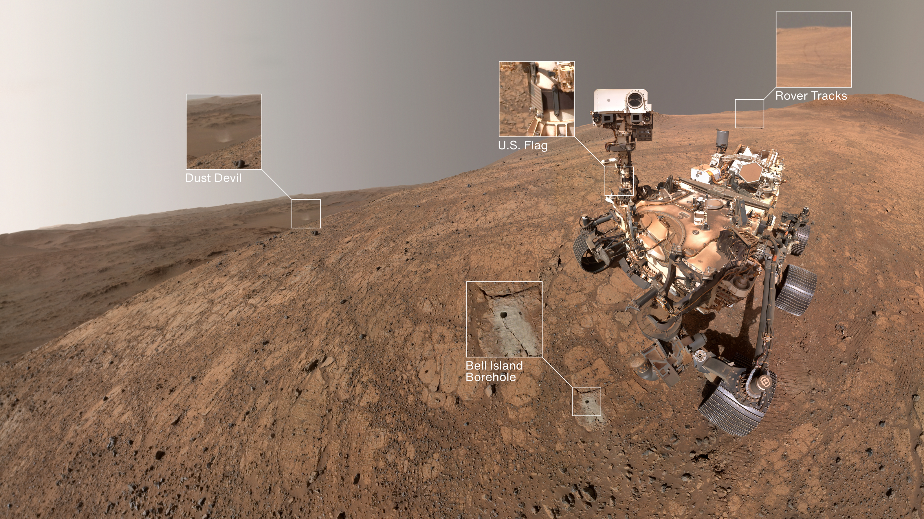 NASA’s Perseverance took this selfie on May 10, 2025. The small dark hole in the rock in front of the rover is the borehole made when Perseverance collected its latest sample. The small puff of dust left of center and below the horizon line is a dust devil. C NASA’s Perseverance took this selfie on May 10, 2025. The small dark hole in the rock in front of the rover is the borehole made when Perseverance collected its latest sample. The small puff of dust left of center and below the horizon line is a dust devil. C