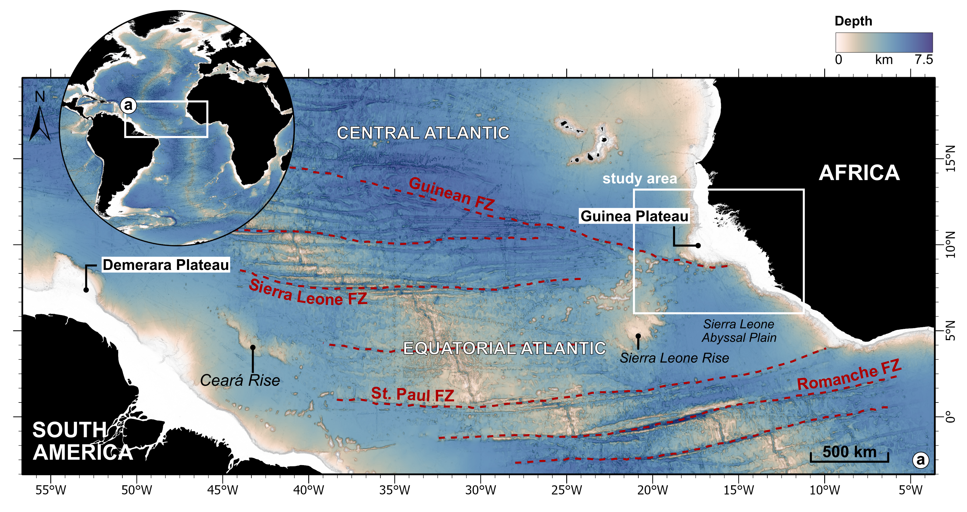 Map of the Equatorial Atlantic showing the study area near Africa's West Coast. Map of the Equatorial Atlantic showing the study area near Africa's West Coast.